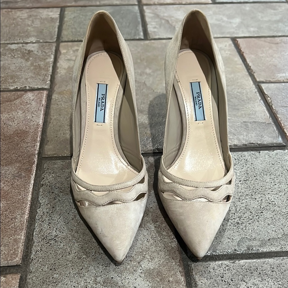 Prada Women's stone Heels size 6, in good condition. Suede heel measures 3”